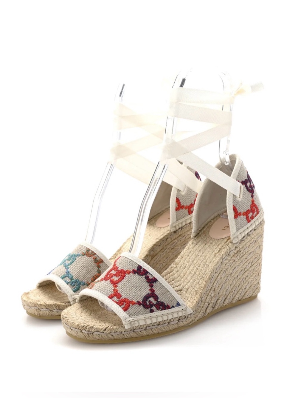Gucci Linen Psychedelic Mini GG Monogram ankle wrap wedge espadrille sandals.